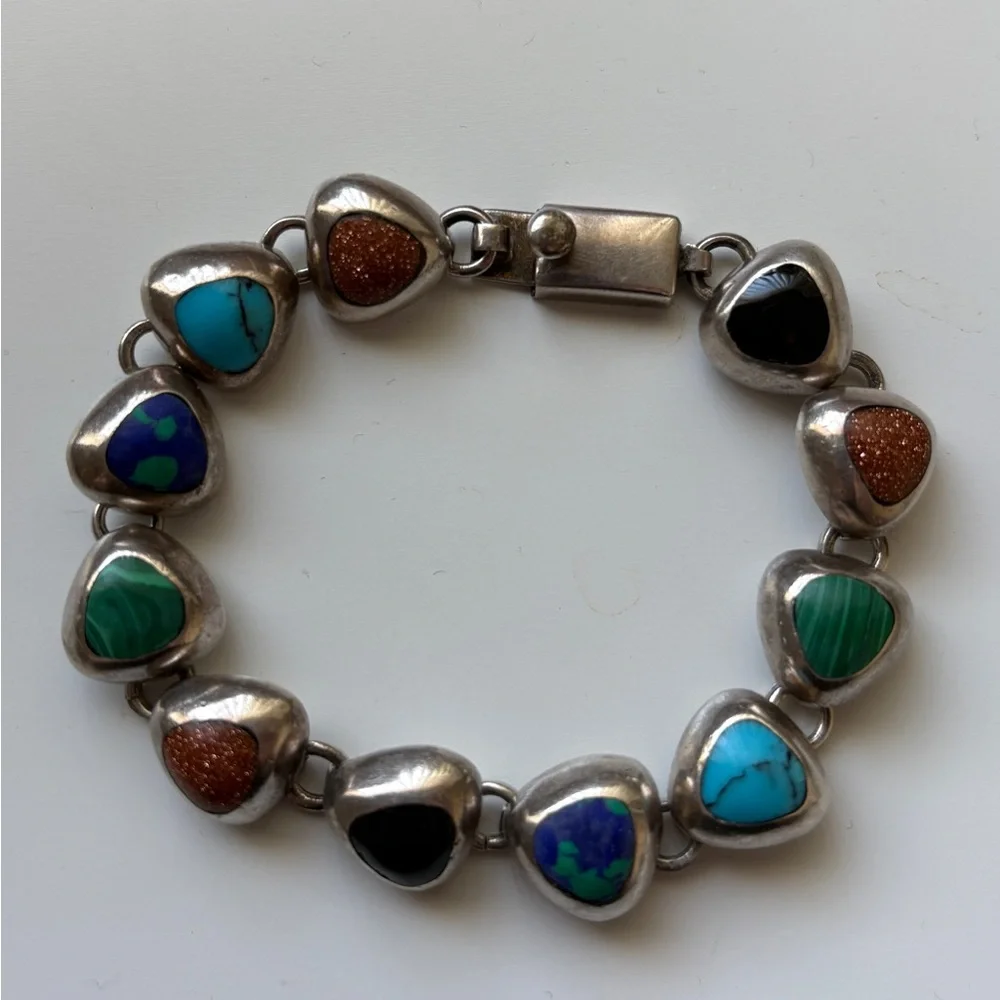 Vintage Taxco Sterling Silver 925 Mexico Multi Color Stone Link Bracelet